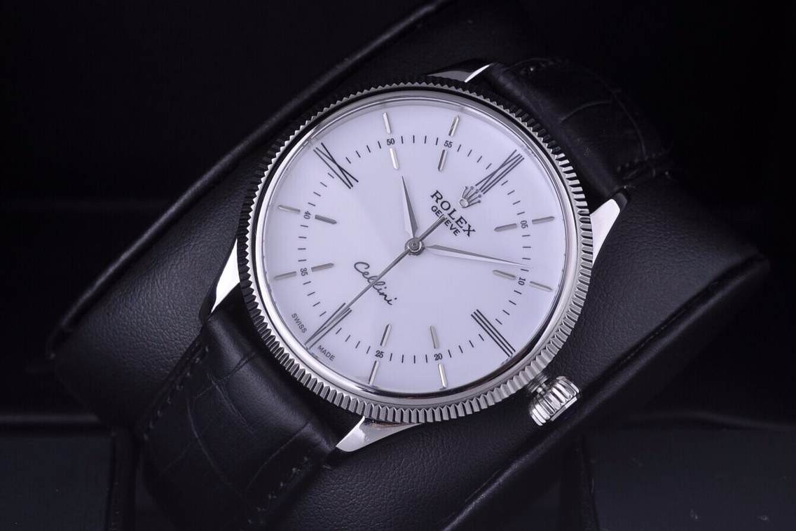 Rolex Cellini Time 50509 Swiss Automatic Watch-White Dial 18K White gold Pointer Hour markers -Black leather strap
