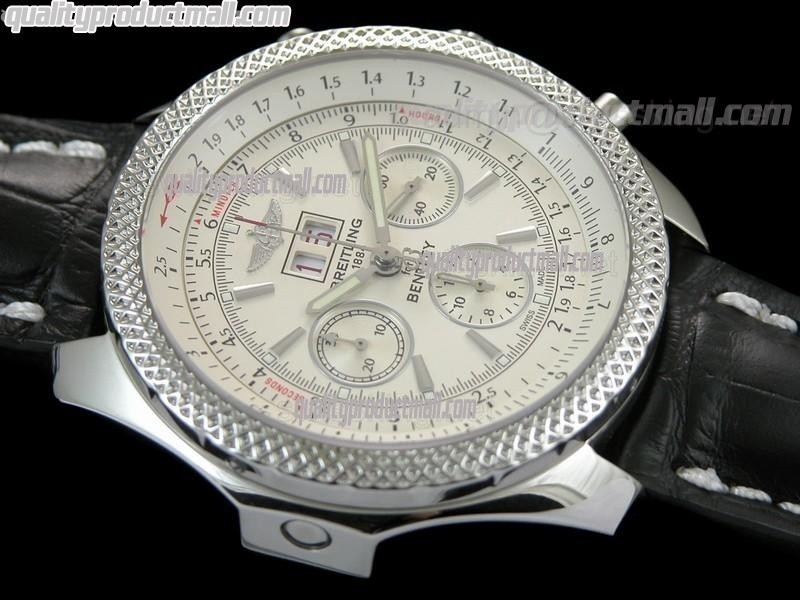 Breitling Bentley 6.75 Big Date Chronograph-White Dial White Subdials-Black Leather Strap