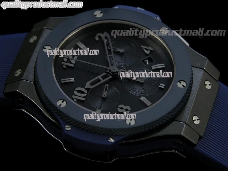 Hublot Big Bang Red Magic Limited Edition Chronograph-Black Dial Numeral Hour Markers-Blue Rubber Strap