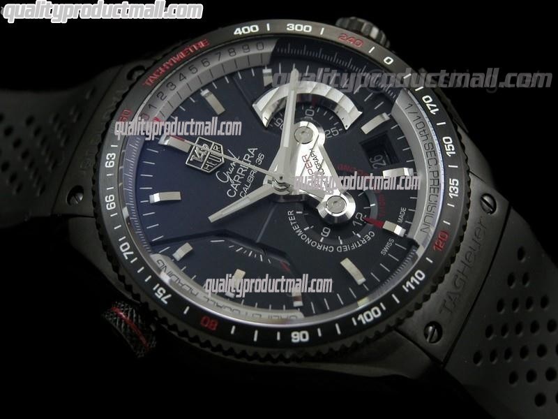 Tag Heuer Grand Carrera Calibre 36 DLC Titanium Chronograph-Black dial Sucken Steel Subdials-Black Rubber Bracelet