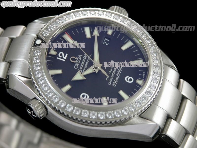 Omega Sea-Master Automatic-Black Dial Diamond Crested Bezel-Lumed Stick Markers-Brushed Stainless Steel Strap