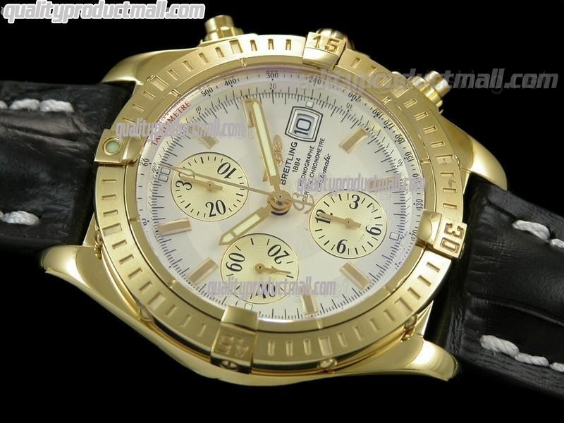 Breitling Chronomat Evolution V3 Chronograph 18K Gold-White Dial Gold Subdials Hour Index Markers-Black Leather Bracelet