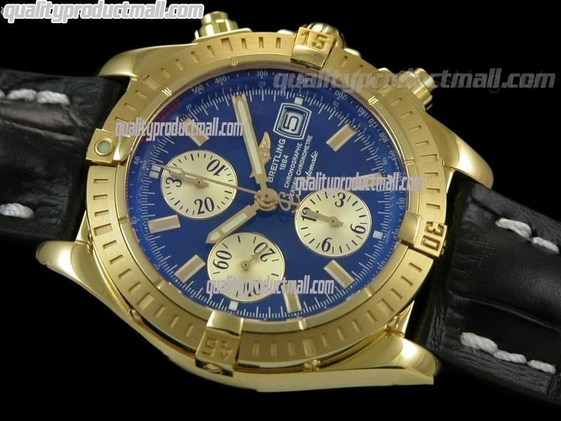 Breitling Chronomat Evolution V3 Chronograph 18K Gold-Blue Dial Gold Subdials Index Hour Markers-Black Leather Bracelet