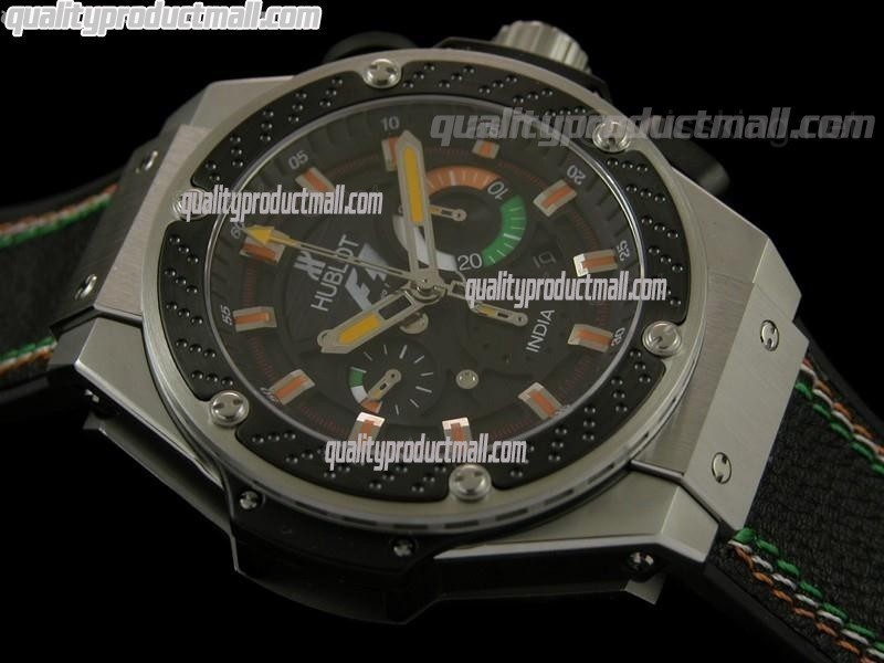 Hublot King Power F1 India Chronograph-Black Texture Dial Sticks Hour Markers-Black Leather Strap 