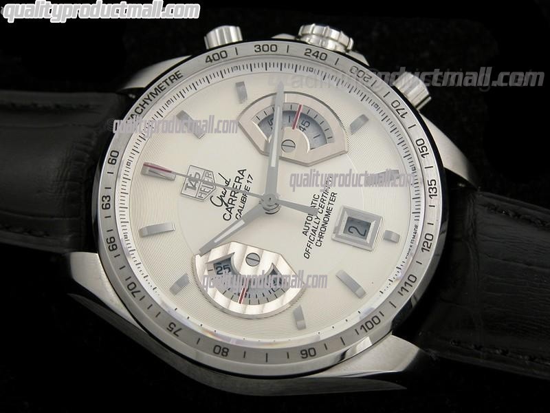 Tag Heuer Grand Carrera Calibre 17 Automatic Chronograph-White Dial Silver Ring Subdials-Black Leather strap
