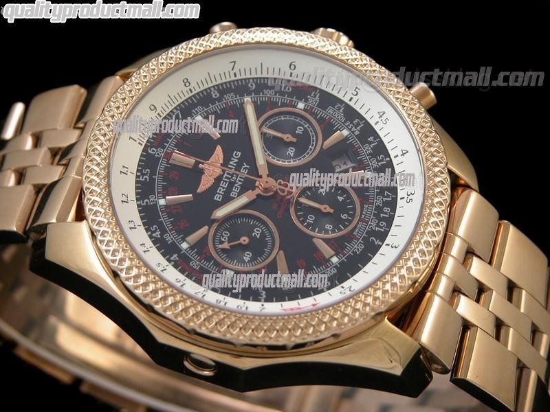 Breitling Bentley 30S Chronograph18K Rose Gold-Black Dial Black Subdials.-Stainless Steel Bracelet