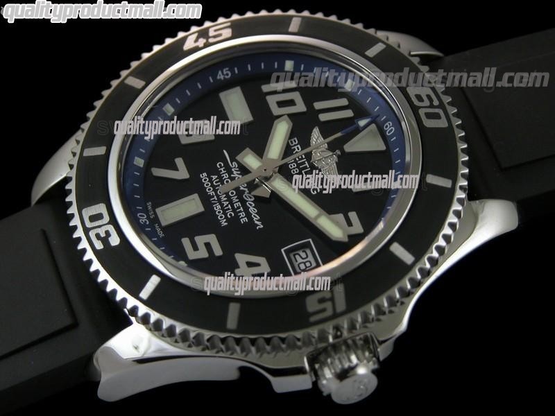 Breitling SuperOcean Abyss 42MM Automatic Watch-Black Dial Blue Inner Bezel-Pro Diver Black Rubber Strap