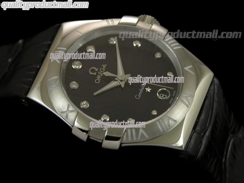 Omega Constellation Midsize Diamond Swiss Quartz-Fan Shell Design Magenta Black Dial-Black Leather Strap