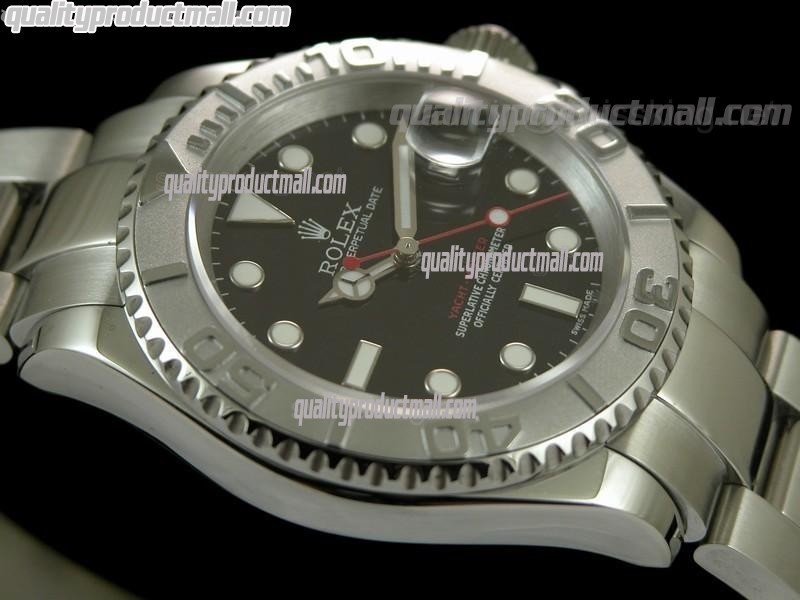 Rolex Yachtmaster II Swiss Automatic Watch-Black Dial White Dot Markers-Stainless Steel Oyster Bracelet