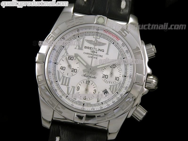 Breitling Chronomat B01 Chronograph-White Dial Roman Numeral Markers-Black Leather Strap