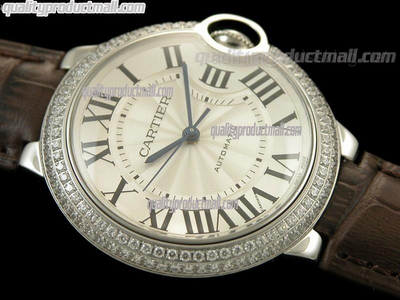 Cartier Blue Ballon Ladies Swiss Watch-White Dial Diamond Crested Bezel-Brown Leather Strap