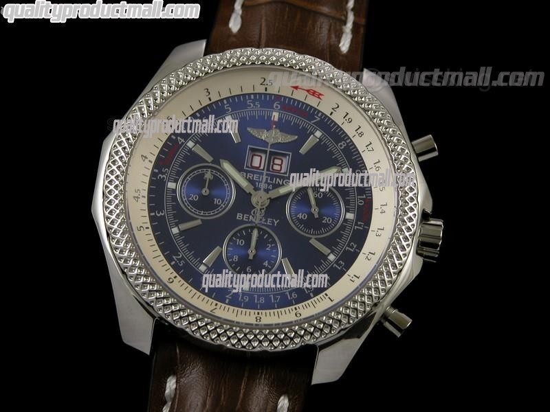 Breitling Bentley 6.75 Big Date Chronograph-Blue Dial Blue Subdials-Brown Leather Strap