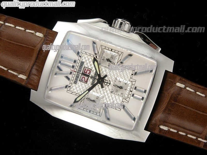 Breitling Flying B Chronograph Perpetual Date-White Metallic Dial White Subdials-Brown Leather Strap