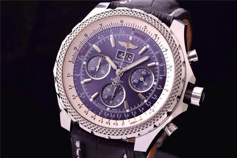 Breitling Bentley 30S Chronograph-Blue Dial Blue Subdials-Black Leather strap 