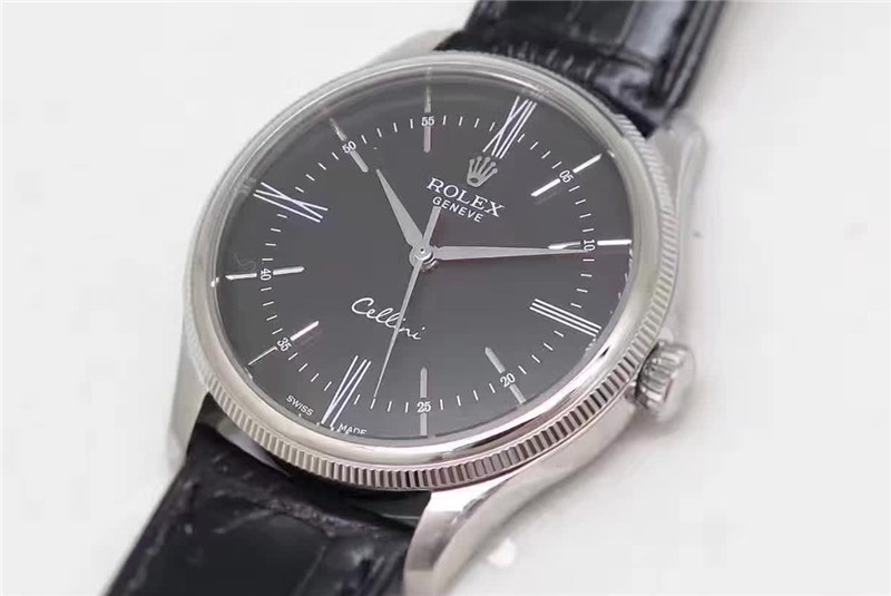 Rolex Cellini Time 50509 Swiss Automatic Watch-Black dial 18K White gold Pointer Hour markers -Black leather strap