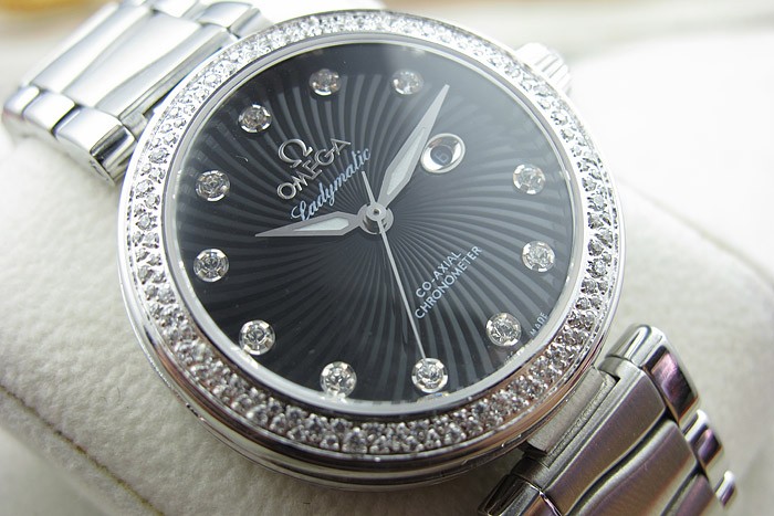 Omega Deville Ladymatic Diamond Swiss Automatic Watch-Black Coral Design Dial-Stainless Steel Link 