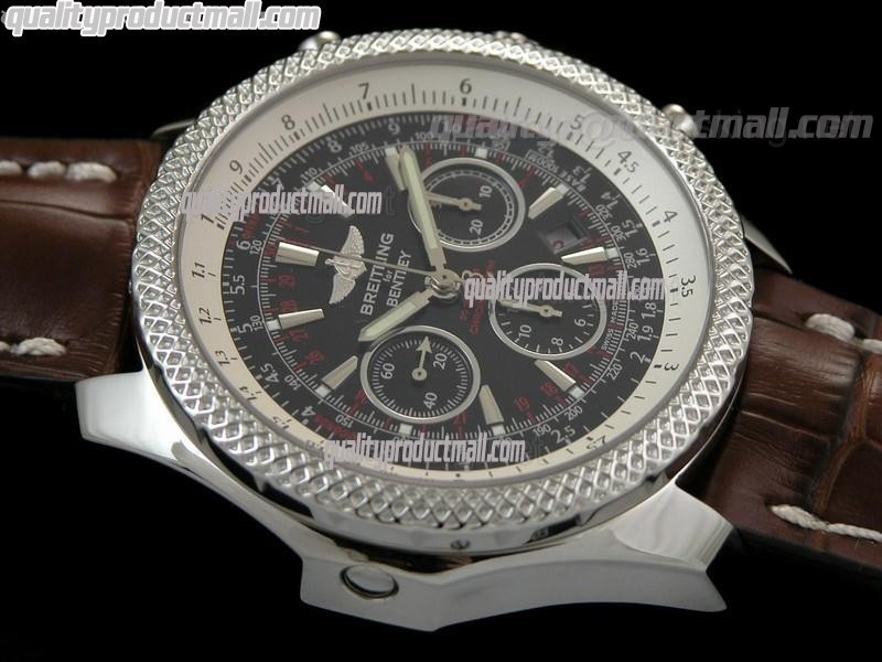 Breitling Bentley 30S Chronograph-Black Dial Black Subdials-Brown Leather strap 