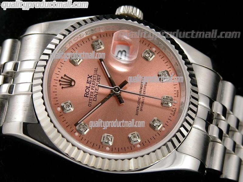 Rolex Datejust 36mm Swiss Automatic Watch-Salmon Sunburst Dial Diamond Hours-Stainless Steel Jubilee Bracelet