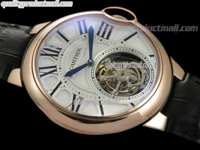  Cartier Blue Ballon Flying Tourbillon Swiss Watch 18k Rose Gold-White Dial-Black Leather strap
