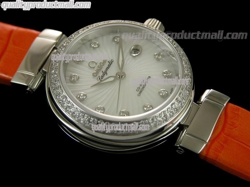 Omega Deville Ladymatic Diamond Swiss Automatic Watch-White Coral Design Dial-Orange Leather strap