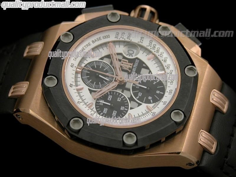 Audemars Piguet Royal Oak Ruben Barichello II Chronograph 18K Rose Gold-White Perforated Dial Index Hour Markers-Black Leatherr Strap