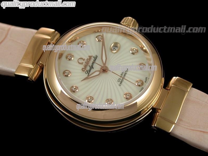 Omega Deville Ladymatic Rose Gold Swiss Automatic Watch-White Coral Design Dial-Pink Leather strap