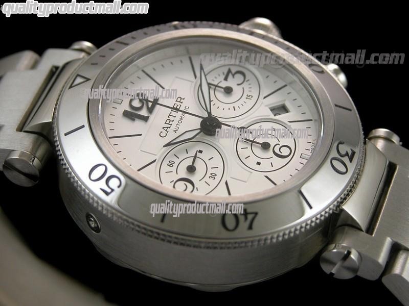 Cartier Pasha Sea Timer Chronograph-White Dial-Brushed Stainless Steel bracelet