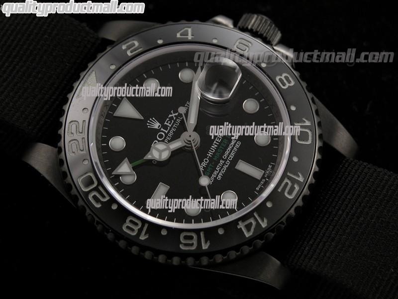 Rolex GMT II Pro Hunter Automatic Watch-Black Dial Large Dot Hour Markers-Dark Green Nylon NATO Strap