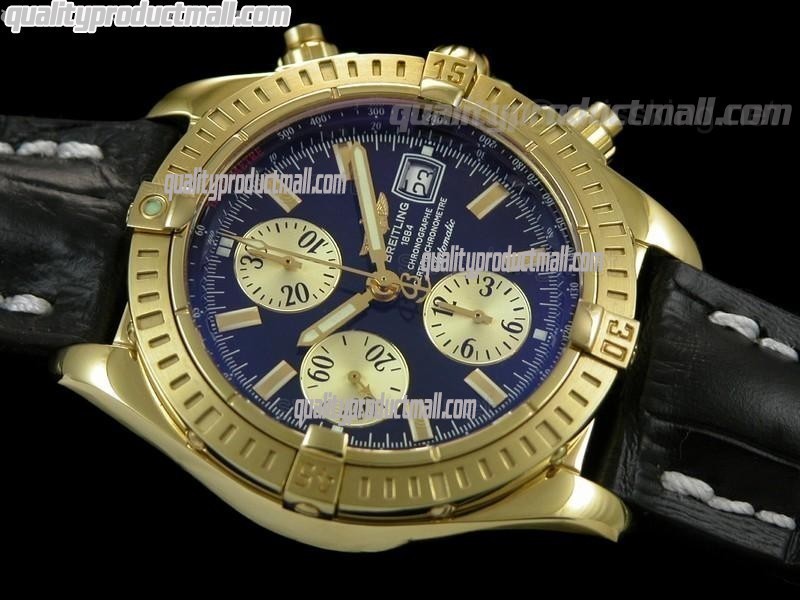 Breitling Chronomat Evolution V3 Chronograph 18K Gold-Black Dial Gold Subdials Index Hour Markers-Black Leather Bracelet 