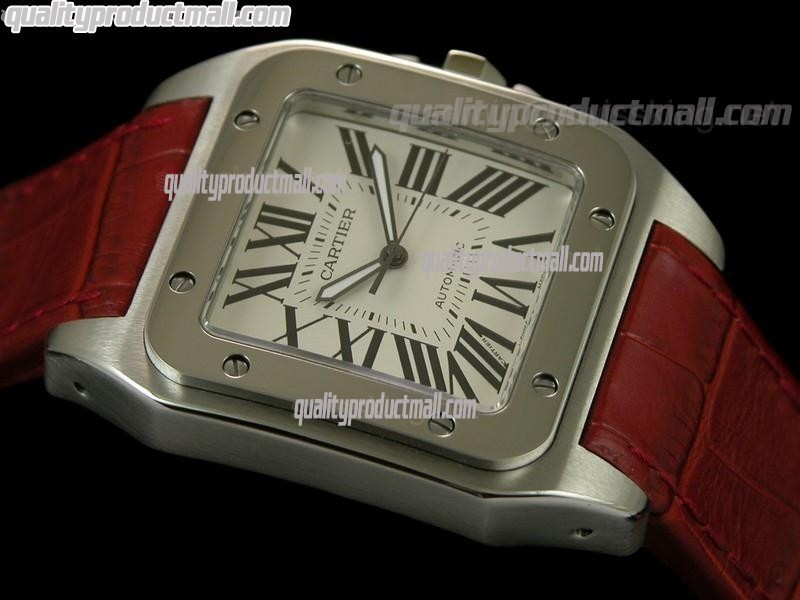 Cartier Santos 100th Anniversary Automatic Ladies Watch-White Dial-Red Leather Strap