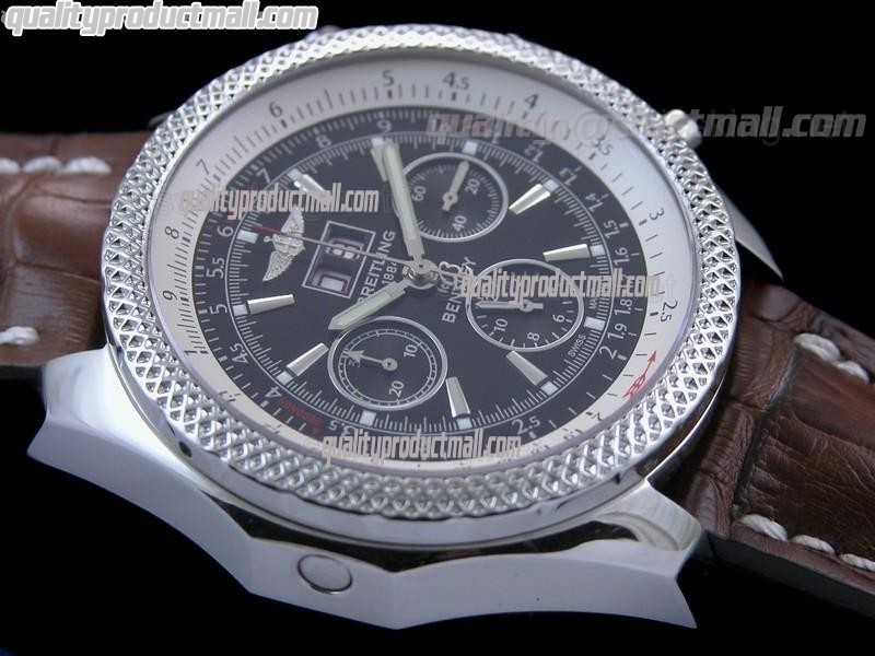 Breitling Bentley 6.75 Big Date Chronograph-Black Dial Black Subdials-Brown Leather Strap 