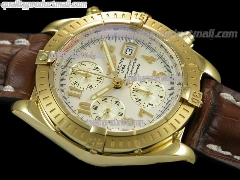 Breitling Chronomat Evolution V3 Chronograph 18K Gold-White Dial Gold Subdials Numeral Hour Markers-Brown Leather Bracelet