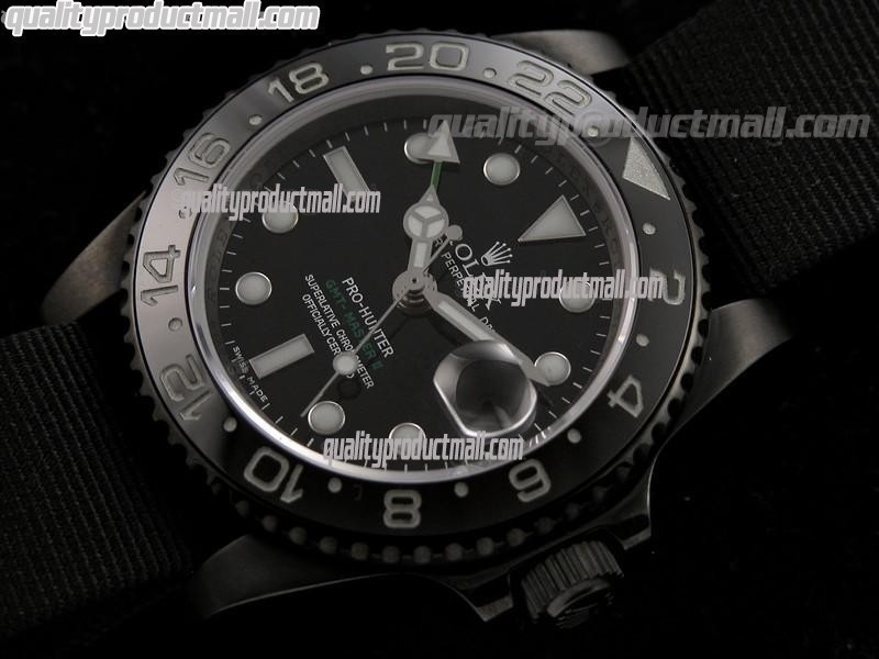 Rolex GMT II Pro Hunter Automatic Watch-Black Dial Large Dot Hour Markers-Dark Green Nylon NATO Strap