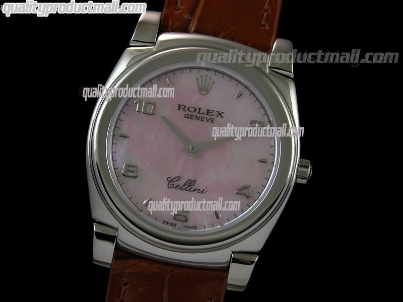 Rolex Cellini Swiss Quartz Watch-MOP Pink Dial Droplet Hour Markers-Brown Leather strap