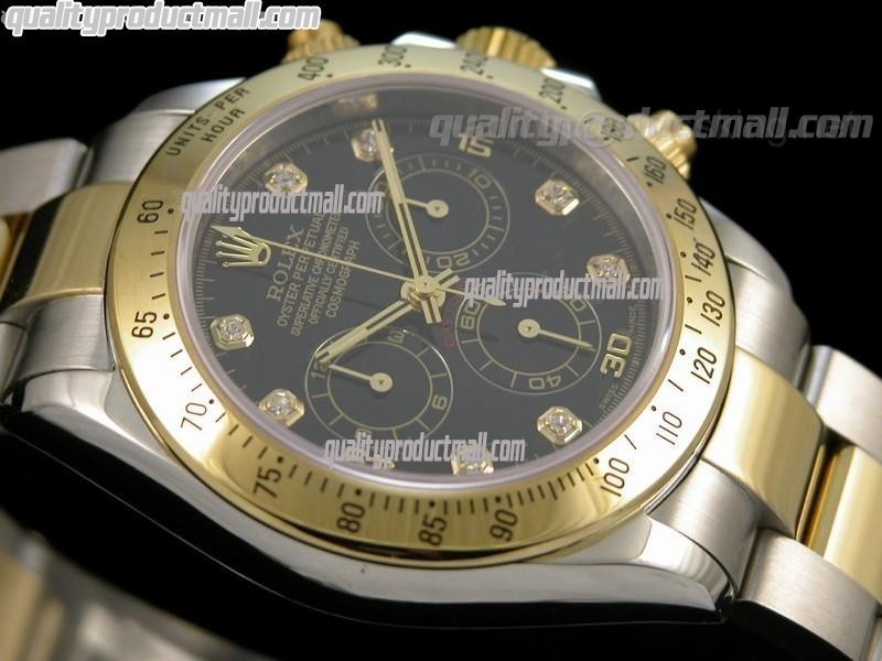 Rolex Daytona Swiss 18K Gold Bi Tone Chronograph-Black Dial Gold Ring Subdials-Diamond Hours-Stainless Steel Oyster Bracelet 