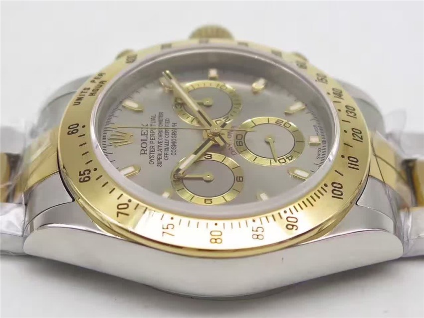 Rolex Daytona Swiss 18K Gold Bi Tone Chronograph-Grey Dial Gold Ring Subdials-Stainless Steel Oyster Bracelet 