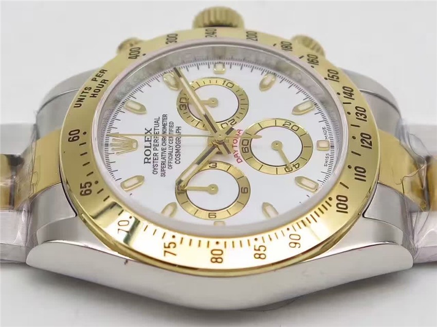 Rolex Daytona Swiss 18K Gold Bi Tone Chronograph-White Dial Gold Ring Subdials-Stainless Steel Oyster Bracelet