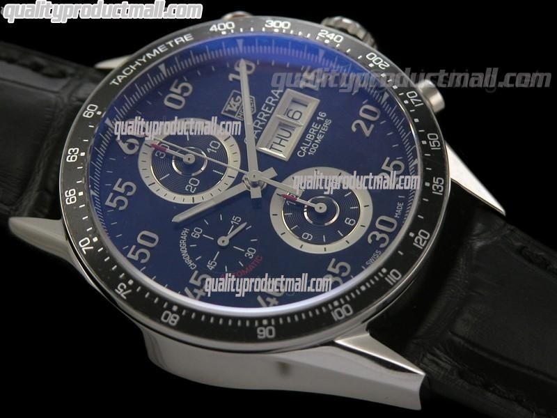 Tag Heuer Carrera Calibre 16 Day Date Automatic Chronograph-Blue Dial White Ring Subdials-Black Leather Strap