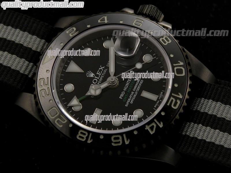 Rolex GMT II Pro Hunter Bi Tone Automatic Watch-Black dial  Large Dot Hour Markers-Nylon NATO Strap
