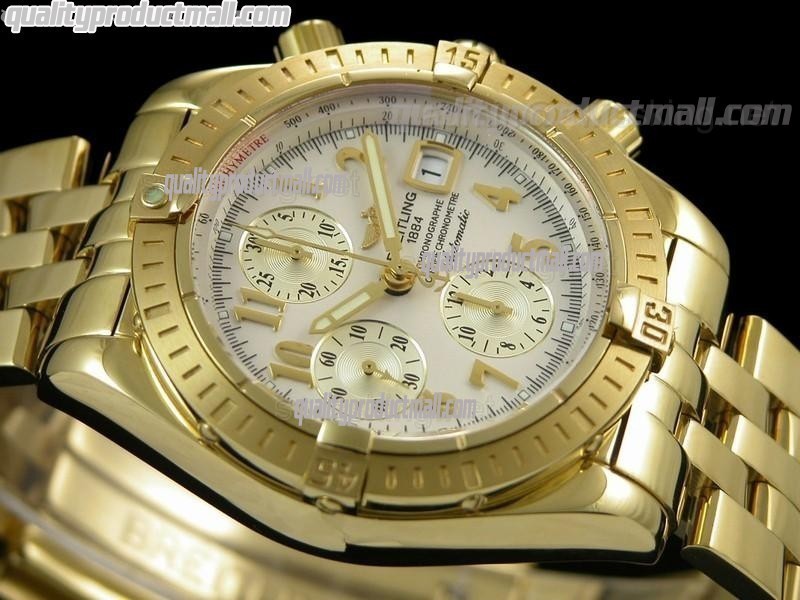 Breitling Chronomat Evolution V3 Chronograph 18K Gold-White Dial Gold Subdials Numerals Hour Markers-Stainless Steel Bracelet