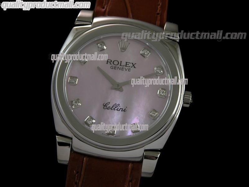 Rolex Cellini Swiss Quartz Watch-MOP Pink Dial Diamond Hour Markers-Brown Leather strap