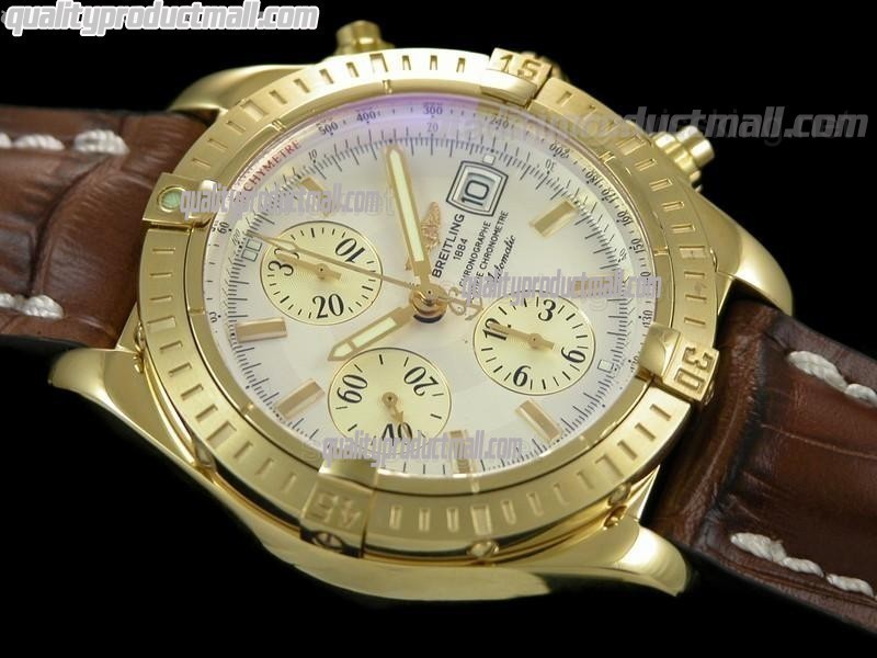 Breitling Chronomat Evolution V3 Chronograph 18K Gold-White Dial Gold Subdials Index Hour Markers-Brown Leather Bracelet