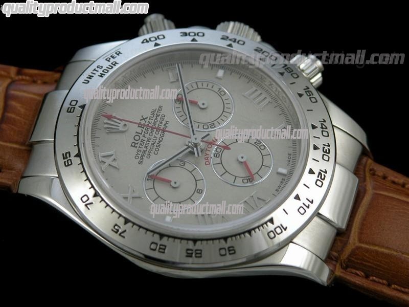 Rolex Daytona Swiss Chronograh-Meteorite Dial, Silver Ring Subdials-Genuine Brown Leather Strap