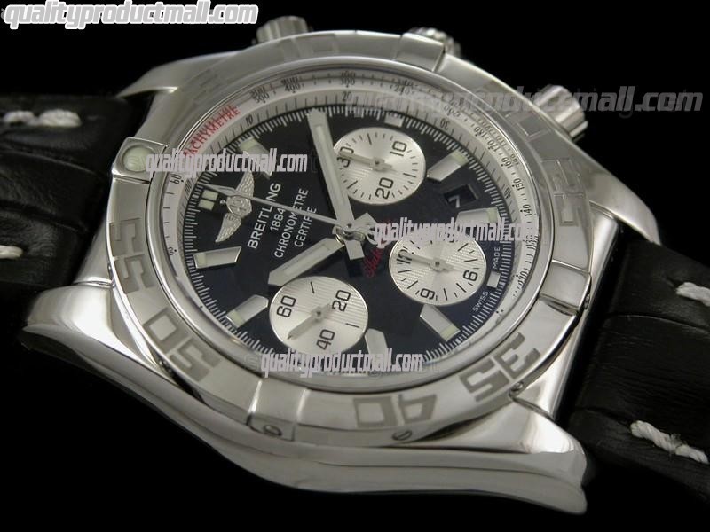 Breitling Chronomat B01 Chronograph-Black Dial Index Hour Markers-Black Leather Strap