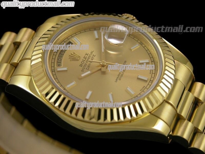 Rolex Day Date II 2008 41mm Gold Plated Swiss Automatic Watch-Yellow Gold Dial Lume Stick Markers-Stainless Steel Presidential Bracelet