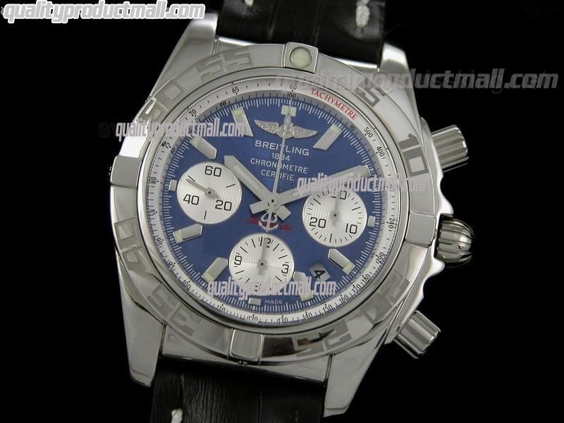 Breitling Chronomat B01 Chronograph-Blue Dial Index Hour Markers- Black Leather Strap