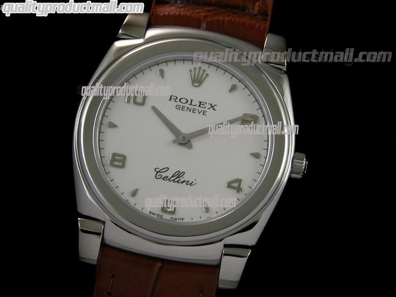 Rolex Cellini Swiss Quartz Watch-White Dial Droplet Hour Markers-Brown Leather strap 