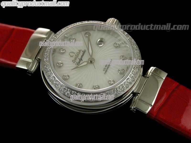 Omega Deville Ladymatic Diamond Swiss Automatic Watch-White Coral Design Dial-Red Leather strap