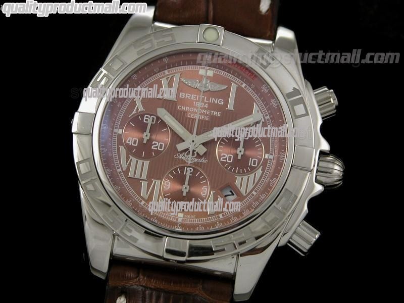 Breitling Chronomat B01 Chronograph-Brown Dials Roman Numerals Hour Markers-Brown Leather Strap