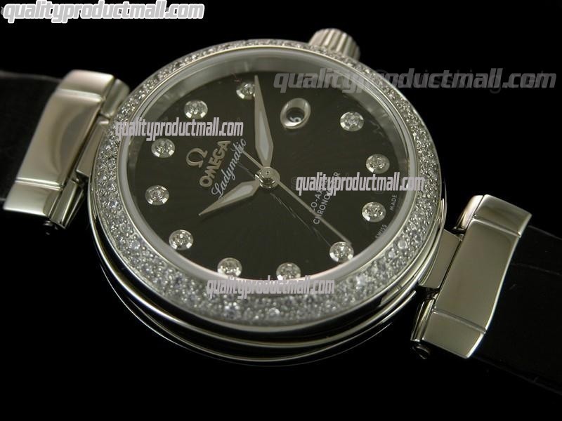 Omega Deville Ladymatic Diamond Swiss Automatic Watch-Black Coral Design Dial-Black Leather strap